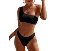 Limeeke Ensemble Bikini Femme Une Épaule - Maillot de Bain Deux Pièces - Bikini à Texture Côtelée - Maillot de Bain Taille Haute et Dénudée, noir, Taille XL