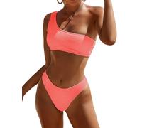 Limeeke Maillot de bain deux pièces à une épaule dénudée pour femme - Texture côtelée - Maillot de bain coquin à coupe haute, rose corail, Taille M