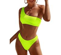 Limeeke Maillot de bain deux pièces à une épaule dénudée pour femme - Texture côtelée - Maillot de bain coquin à coupe haute, jaune fluo, Taille M