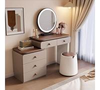 LIMENQIN Ensemble de Coiffeuse avec Miroir À 3 Couleurs Réglables, Coiffeuse Meuble avec Tabouret Rembourré et Meuble D'appoint À 3 Tiroirs, pour Chambre À Coucher(Khaki C,80cm/31.5in)