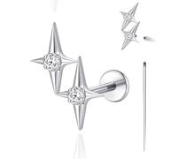 Limerencia 18G Piercing en titane pour le corps, boucle d'oreille à filetage interne à dos plat pour tragus, hélix, cartilage, conque, méduse, pour femme et homme, 1 pièce (argent, 2 CZ croisées)