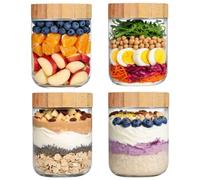 LIMILI Lot de 4 bocaux à avoine de nuit avec couvercles en bois - Bocaux à large ouverture pour céréales, yaourt, salade, pudding au chia (500 ml)