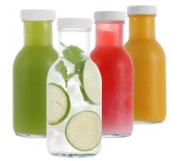 LIMILI Lot de 4 bouteilles de jus en verre avec couvercles, réutilisables de 250 ml avec couvercles, bouteilles en verre transparent pour boissons faites maison, pique-niques, voyages, école