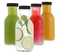 LIMILI Lot de 4 bouteilles de jus en verre avec couvercles, réutilisables de 250 ml avec couvercles, bouteilles en verre transparent pour boissons faites maison, pique-niques, voyages, école