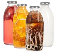 LIMILI Lot de 4 bouteilles de lait en verre transparent réutilisable avec couvercles, 500 ml pour produits laitiers, boissons, conservation de la maison (argenté)