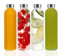 LIMILI Lot de 4 bouteilles d'eau en verre avec couvercles en acier inoxydable, anti-fuite, réutilisables pour boissons chaudes et froides, travail, salle de sport, maison - 750 ml