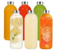 LIMILI Lot de 6 bouteilles en verre avec couvercles en acier inoxydable, anti-fuite, réutilisables pour boissons chaudes et froides, travail, salle de sport, maison (1 000 ml)