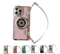 Limited Edition Old School Camera for iPhone Case,Cute Camera Design Case for iPhone 16 Pro Cases,Vintage Camera Phone Case with Removable Long Neck Strap Lanyard(Pink,for iPhone 13 Pro)