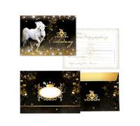 Limonia Lot de 12 cartes d'invitation avec enveloppes pour anniversaire d'enfant - Cheval blanc sur fond noir avec étoiles - Élégante et élégante - Invitation à anniversaire de fille - Motif cheval
