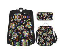 LimPac Ensemble de pièces de puzzle de sensibilisation à l'autisme avec imprimé cœur, sac à dos, boîte à déjeuner et trousse à crayons pour voyage décontracté, noir, One Size