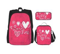 LimPac Ensemble sac à dos avec imprimé cœur pour la Saint Valentin, boîte à déjeuner et trousse à crayons pour voyage décontracté, noir, One Size
