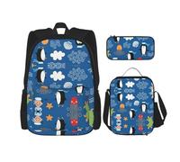 LimPac Ensemble sac à dos, boîte à déjeuner et trousse à crayons imprimé pingouin tortue pour voyage décontracté universitaire, noir, One Size
