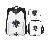 LimPac Massachusetts State Flag Print Daypack Sac à dos Lunch Box et trousse à crayons Combo pour voyage universitaire décontracté, noir, One Size