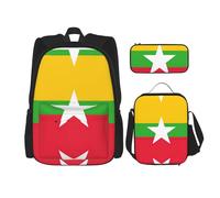 LimPac Sac à dos de voyage élégant avec motif drapeau de la Birmanie, boîte à déjeuner, trousse à crayons, mignon, résistant à l'eau, durable, léger, noir, taille unique, Noir , Taille unique
