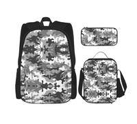 LimPac Sac à dos de voyage élégant motif camouflage numérique, boîte à déjeuner, trousse à crayons, mignon, résistant à l'eau, durable, léger, noir, taille unique, Noir , Taille unique