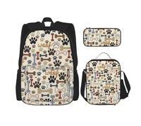 LimPac Sac à dos de voyage élégant motif patte d'os de chien, boîte à déjeuner, trousse à crayons, mignon, résistant à l'eau, durable, léger, noir, taille unique, Noir , Taille unique