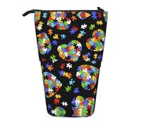 LimPac Trousse télescopique pour sensibilisation à l'autisme, pièces de puzzle, imprimé cœur, trousse de papeterie debout, porte-stylo rétractable avec fermeture éclair