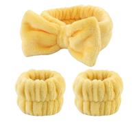 Limtula 1 ensemble élastique pour femme - Bandeau de douche et bracelet mignon avec nœud en peluche - Pour lavage du visage - Pour la maison et le maquillage