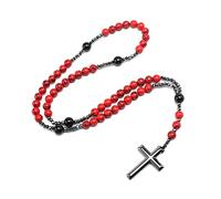 Limtula Colliers chapelet en pierre de pin, pendentif croix hématite | Bijoux religieux catholiques en pierre de pin rouge, pour femmes et hommes, bijoux de méditation, pendentif