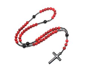 Limtula Colliers chapelet en pierre de pin, pendentif croix hématite | Bijoux religieux catholiques en pierre de pin rouge, pour femmes et hommes, bijoux de méditation, pendentif