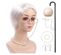 Limtula Costume d'Halloween pour grand-mère pour filles, tenue de vieille femme, perruque, collier, lunettes de grand-mère, accessoires de déguisement d'Halloween pour filles, perruque, lunettes