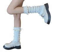 Limtula Jambières élégantes en tricot extensible avec nœuds mignons et bordure en dentelle à volants pour femme, vagues blanches, taille unique