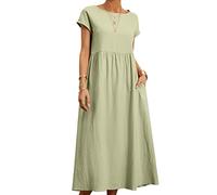 Limtula Robe Longue décontractée en Coton et Lin, Coupe Ample, Couleur Unie, col Rond, Taille, Robe Chemise Ample d ' été, Robes en Coton et Lin pour, été décontracté