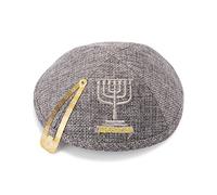 Lin Gris Foncé Kippah Brodé Jérusalem Menorah Yarmulke Judaica 15cm