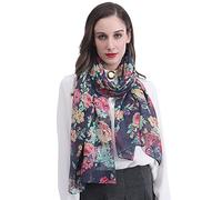 Lina & Lily Foulard Femme à Motif Fleurs, Écharpe Tissu Léger 90cm X 180cm (B-Bleu marine)