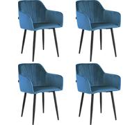 Lina® Rio Chaise de salle à manger en velours, lot de 4, bleue - Avec accoudoirs et pieds métalliques noirs - Idéal pour le salon, le bureau et la salle à manger