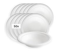 LINARIO Lot de 50 bols à soupe jetables en canne à sucre 400 ml et cuillères réutilisables