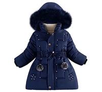 linboo Doudoune Fille Princesse Manteau Hiver Blouson Polaire Veste Enfant Chaude à Capuche Fourrure Epaisse Parka avec Perles Cloutées, Bleu foncé, 11-12 ans