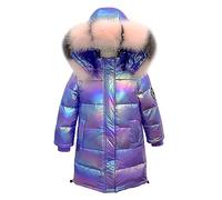linboo Fille Manteau Longue Doudoune Chaud Veste Enfant Hiver Epais Blouson à Capuche Fourrure Matelassé Parka Lumineux, Violet, 7-8 ans