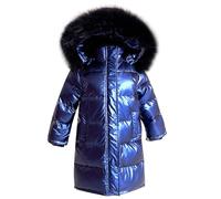 linboo Fille Manteau Longue Doudoune Chaud Veste Enfant Hiver Epais Blouson à Capuche Fourrure Matelassé Parka Lumineux, Bleu, 13-14 ans