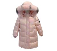 linboo Fille Manteau Longue Doudoune Chaud Veste Enfant Hiver Epais Blouson à Capuche Fourrure Matelassé Parka Lumineux, Rose, 5-6 ans