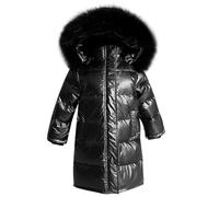 linboo Fille Manteau Longue Doudoune Chaud Veste Enfant Hiver Epais Blouson à Capuche Fourrure Matelassé Parka Lumineux, Noir, 5-6 ans