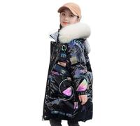 linboo Manteau Hiver Fille Doudoune Enfant Veste Chaud à Capuche Amovible Epais Blouson Automne Matelassé Parka Imprimé de Lettre, Noir, 9-10 ans