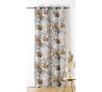 Linder - Rideau Tissus Upcyclé - Tissé et Teint en France - Style Tropical - Finition Œillets Couleur Canon de Fusil - Coloris Jaune Ocre Fond Blanc - Dimensions 140x240cm - Collection Louxor