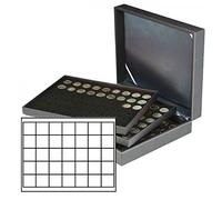 Lindner 2365-2135CE Housse de Monnaie NERA XL avec 3 Plateaux et Inserts de pièces Noires avec 105 Compartiments rectangulaires pour pièces de Monnaie/Capsules de Monnaie jusqu'à Ø 36 mm