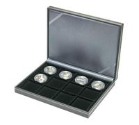 LINDNER Das Original NERA XM-Coffret numismatique avec 12 avéoles carrés pour Monnaies/Capsules jusqu'à Ø ext. 52 mm