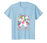 Lindsaycorn Nom Personnalisé Dabbing Licorne Lindsay T-Shirt, Enfant, Bleu Céleste, 10 Ans