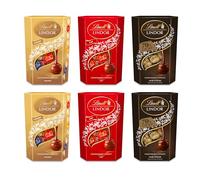 Lindt - Lot de 6 Cornets LINDOR - Lait, Assorti et Noir - Chocolat au Lait, Noir et Blanc - Cœur fondant, 6x200g