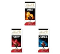 Lindt - Lot de 6 tablettes EXCELLENCE Fleur de Sel (2x100g), Framboise Intense (2x100g), Orange Intense (2x100g) - Chocolat Noir, 6x100g