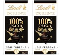 Lindt - Tablette EXCELLENCE Noir 100% Cacao - Chocolat Noir, 50g (Lot de 2)