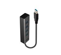 Lindy 43324 Hub USB 3.2 Gen 1 Type-A 4 Ports, Aluminium/Plastique, 5000 Mbit/s, Câble 0.3m, 103x26x18mm, Noir