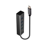 Lindy 43325 Hub USB 3.2 Gen 1 Type-C vers 4x Type-A 5Gbit/s, Boîtier Aluminium/Plastique Gris, Câble 0.3m, 103x26x18mm