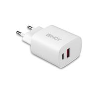 Lindy 73413 Chargeur Secteur Universel 20W Blanc - USB-A 2.0 + USB-C, Power Delivery, Adaptive Fast Charging, Protections Surtension/Surintensité/Surchauffe