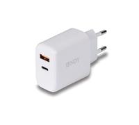 Lindy 73424 Chargeur Secteur Universel Blanc - USB-A 2.0 + USB-C Power Delivery 3.0 30W - Protections Surtension/Courant/Température/Court-circuit