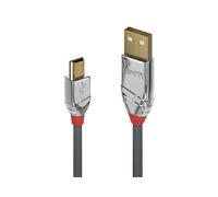 Lindy Cromo Line 36632: Câble USB 2.0 A vers Mini-B Mâle/Mâle 2m, Gris, Contacts Or, Double Blindage, AWG 24/28, 480Mbit/s, RoHS, REACH, UL