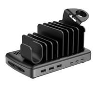 Lindy Station de charge USB 6 ports 160W – 3x USB‑C / 3x USB‑A, PD 3.1, QC 4.0 – Gris/Noir
